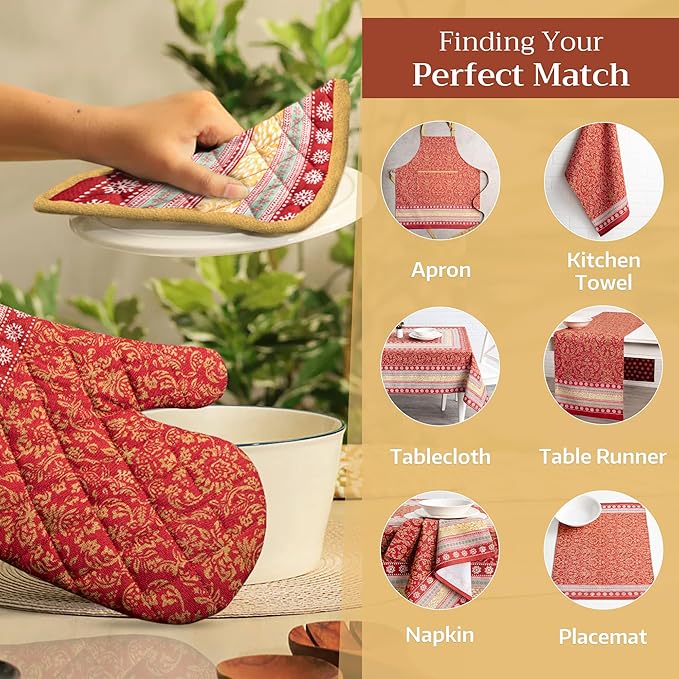Maison d' Hermine 100% Cotton Oven Mitt & Pot Holder Set (7.5"x13" & 8"x8") Heat Resistant BBQ Cooking Gloves with Loop, Baking, Grilling, Kitchen, Handling Hot Pans (Sofia)