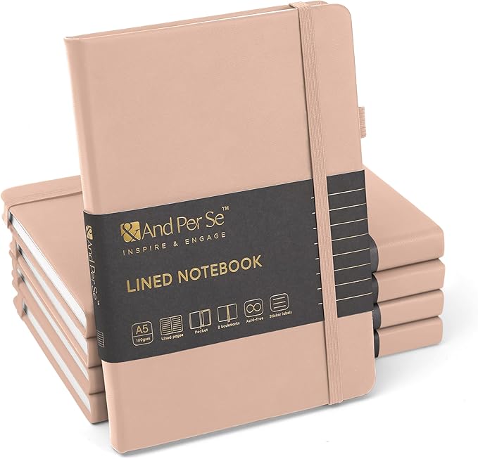 &And Per Se Lined Journal Notebook (5 Packs), 160 Pages, A5 5.7 x 8 inches College Ruled Thick Paper Notebook Journals for Writing, Hardcover Notebooks for Women Men Office School (Apricot)