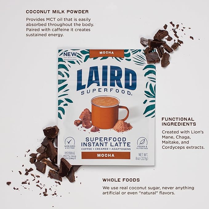 Laird Superfood Mocha Instant Latte with Adaptogens – Mocha Latte packed with Antioxidants and Superfood Coconut Creamer – Boost of Functional Fuel – Gluten Free, Non-GMO, Vegan, 8 oz. Bag, Pack of 1