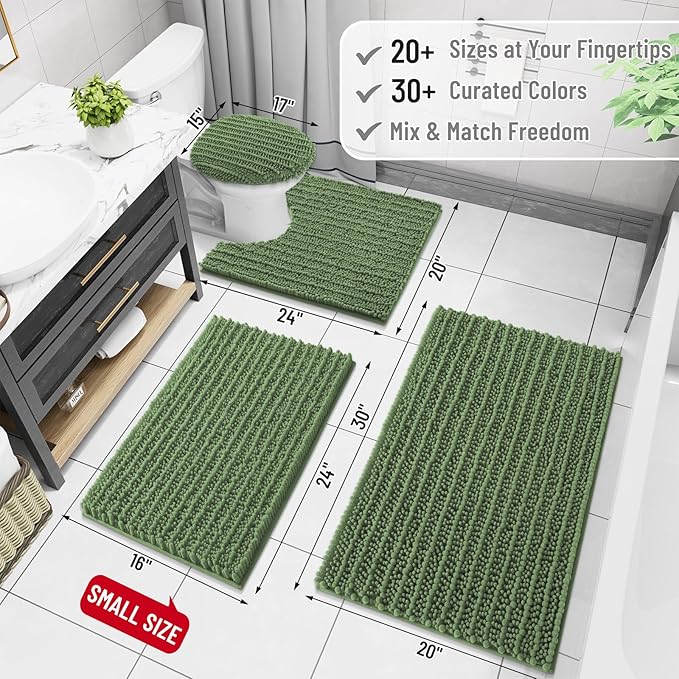 Arotive Luxury Chenille Bathroom Rug Mat, Extra Soft Thick Absorbent Shaggy Bath Rugs, Non-Slip Machine Wash Dry, Plush Bath Mats for Bathroom, Shower and Tub, 36x24, Olive Green