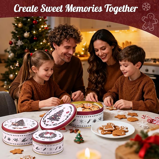 3 Pack Christmas Cookie Tins with 10 Baking Papers, Reusable Nesting Round Metal Cookie Containers with Airtight Lids for Treat Storage & Holiday Gift Giving (Large, Medium, Small)
