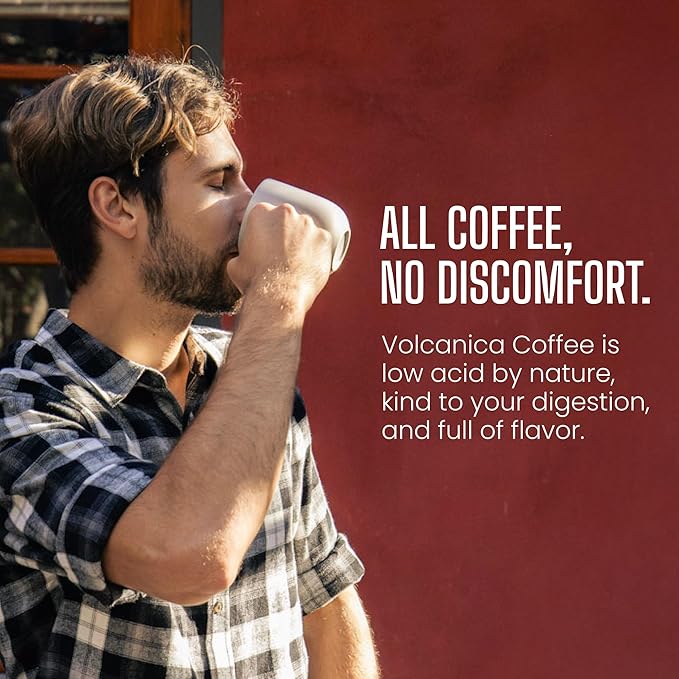 Volcanica Low Acid Espresso Coffee, Dark Roast 100% Arabica, Espresso Grind, Espresso Roast, Bold Sweet Flavor, Fresh Roasted, Kosher, Vegan, Gluten-Free, 16 oz