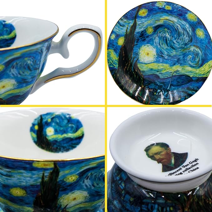 Floral Tea Cups Saucers Set of 2, Bone China 7 oz British Teacups Porcelain Coffee Cup for Rose Tea Cappuccino Espresso Latte (Starry Sky & Wheat Field)