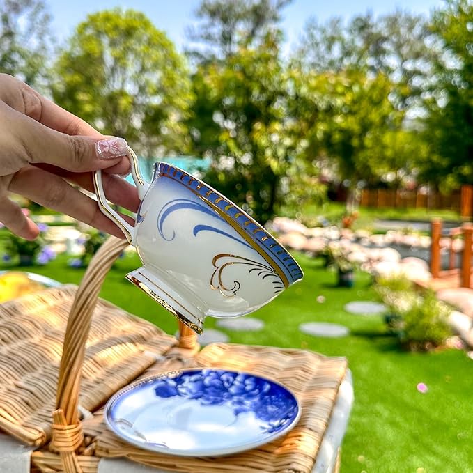 ACMLIFE Bone China Tea Sets, Blue and Gold Tea Set for Adults Porcelain Tea Cup Set, Cup and Saucer Set Vintage Floral for Women Party or Christmas Gifts Giving (china blue)