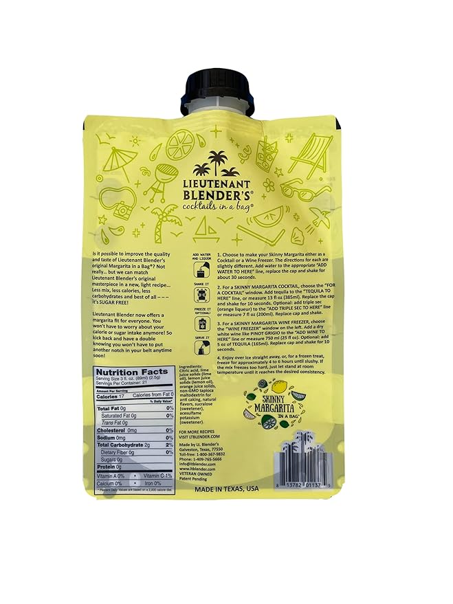 Lt. Blender's Skinny Margarita in a Bag - Skinny Margarita Mix - Each Bag Makes 1/2 Gallon of Keto Friendly Skinny Mixes – Low Carb Margarita Mix – Add Liquor, Wine or as Mocktails (Pack of 1)