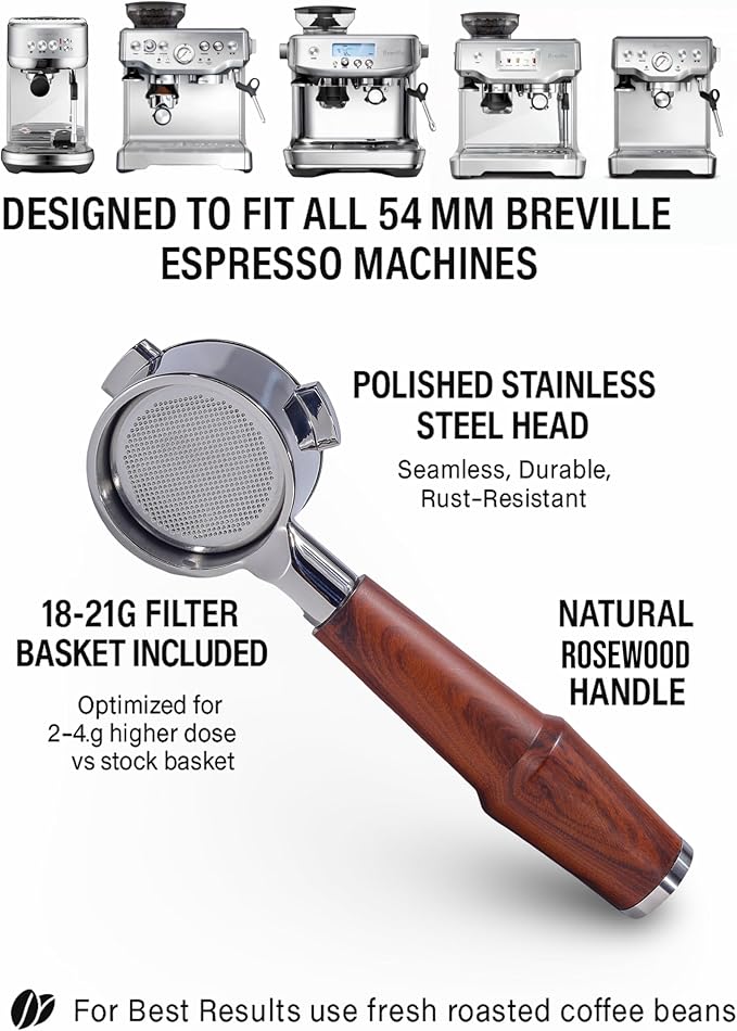 54mm Bottomless Portafilter Breville Compatible Rosewood Handle & Naked 18-21 Gram Filter Basket Included, Fits Barista Express, Pro, Touch, Bambino Plus, Infuser, Duo Temp Pro Impress