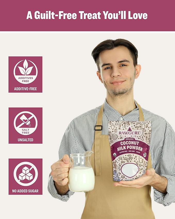 RawGuru Organic Coconut Milk Powder - Vegan & Nutrient-Dense Powder with Iron & Potassium - Rich & Creamy Organic Milk for Drinking or Baking - 48 oz, Pack of 1