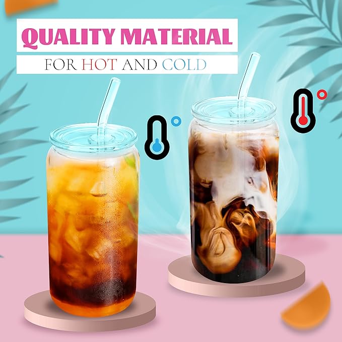 Joyclub 12pcs Glass Cups with Acrylic Lids and Straws 16 oz Can Shaped Glass Iced Coffee Cups with Lids and Straws, Cute Tumbler Cup Drinking Glasses for Smoothie Whiskey Boba Soda Tea Gift