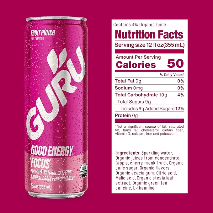 GURU PUNCH Organic Energy Drinks Variety Pack, Clean Energy Drink with Plant Based Natural Caffeine from Green Tea + Focus w/L-Theanine, Gluten Free, 140mg Caffeine, Healthy Drinks, 12oz (Pack of 12)