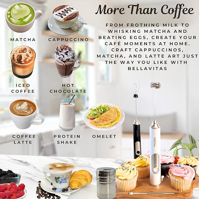 Rechargeable Handheld Milk Frother, Coffee Frother Wand with Stand and 2 Stainless Steel Whisks, Portable Mixer and Foamer, 3 Speed Whisk for Latte, Cappuccino, Matcha, Cocoa, Eggs, Black-1