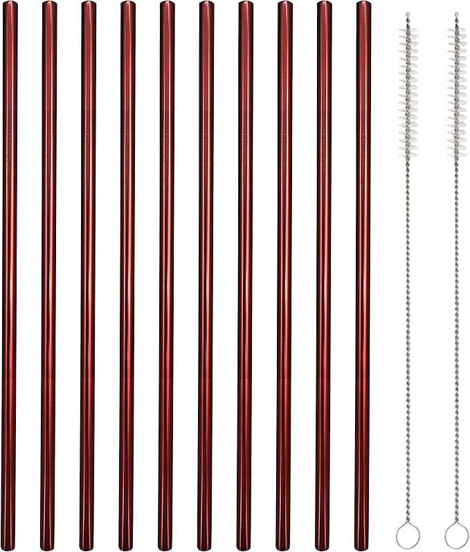 10 Pcs Stainless Steel Straws, Reusable Drinking Straws, Straight Metal Straw Sets with 2 Pcs Cleaning Brushes (8.5 Inch, Red)