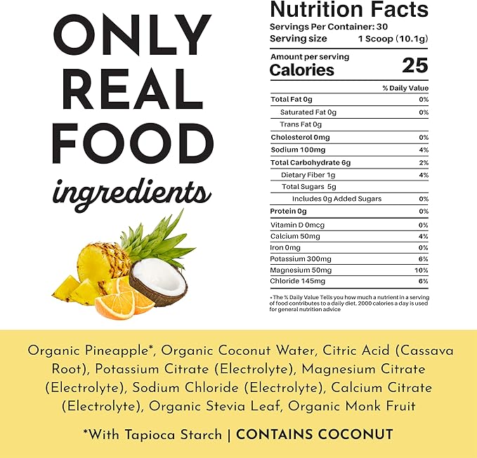 JUST INGREDIENTS Tropical Paradise Electrolytes Drink Mix - Coconut Water, Sea Salt, Trace Minerals - 30 Servings