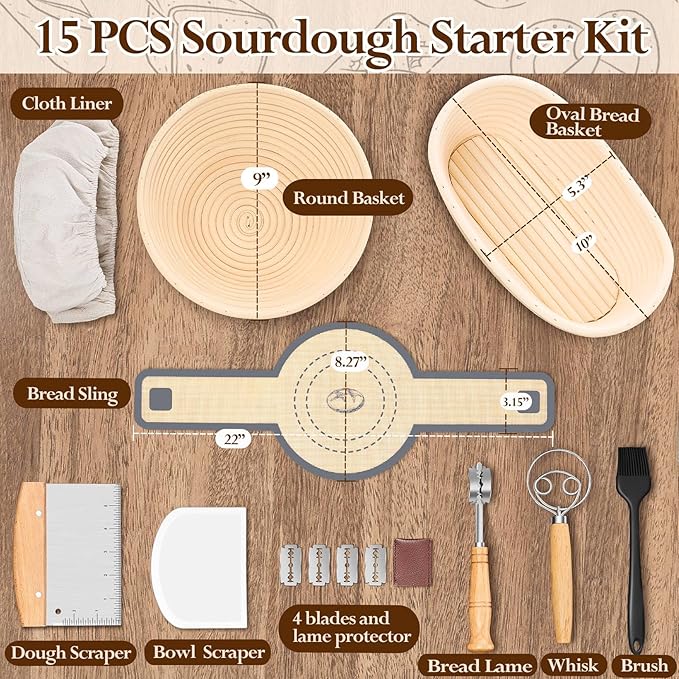 P&P CHEF Sourdough Bread Baking Supplies, 9” Round & 10” Oval Sourdough Proofing Baskets Starter Kit, Bread Making Tool Set with Cloth Liner Bread Lame Scraper Brush Dough Whisk