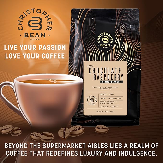 Christopher Bean Coffee - Certified Kosher - Decaf Ground Universal Drip Chocolate Raspberry Flavored Coffee with Medium Roast | Chocolate Raspberry Coffee No Sugar with 100% Arabica, No Fats, Non-GMO | 10-Ounce
