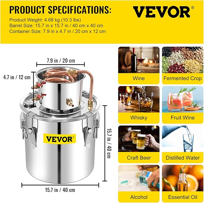 VEVOR Alcohol Still 13.2Gal/50L Alcohol Distiller Stainless Steel Distillery Kit for Alcohol With Copper Tube & Pump Home Brewing Kit Build-in Thermometer for DIY Whisky Wine Brandy