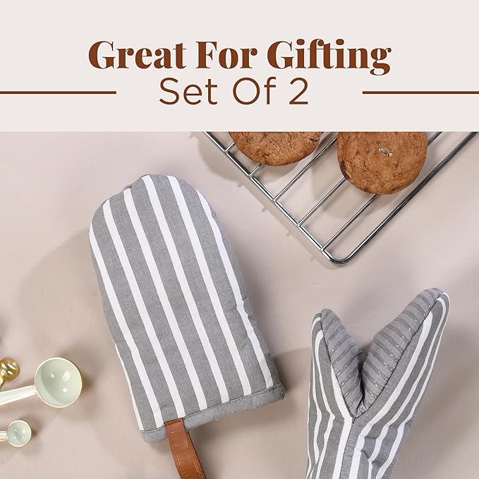 Folkulture Mini Oven Mitts Heat Resistant | (5.75 x9) Set of 2 White Short Oven Mitts with Hanging Loop | 100% Cotton Oven Gloves or Kitchen Mittens | Small Oven Mitt Set or Grey Silicone Oven Mitt