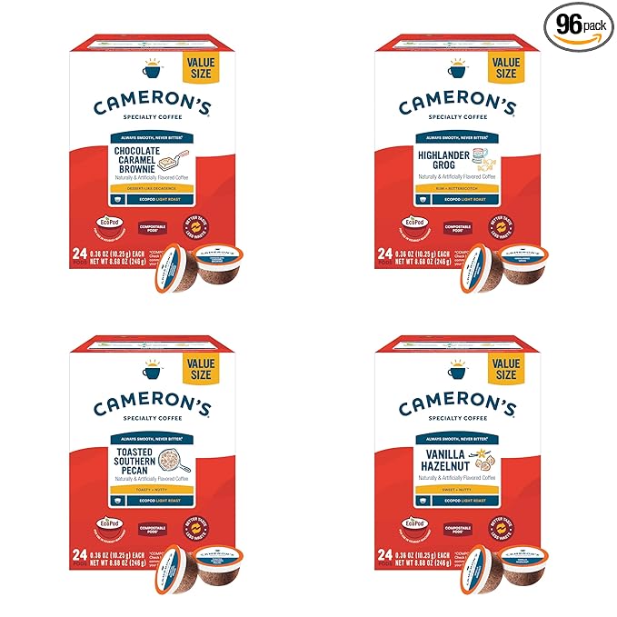 Cameron's Coffee Single Serve Pods, Vanilla Hazelnut, Highlander Grog, Chocolate Caramel Brownie, Toasted Southern Pecan, Variety Pack, 96 Count…