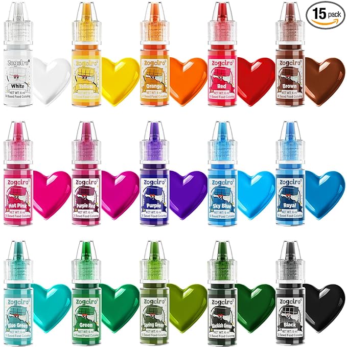 Oil Based Food Coloring - 15 Vibrant Rainbow Colors Edible Oil Food Dye Set, Flavorless Concentrated Oil Based Food Coloring for Chocolate, Baking, Cake Decorating, Candy Melts, Cookies, Frosting - 0.25 Fl. Oz