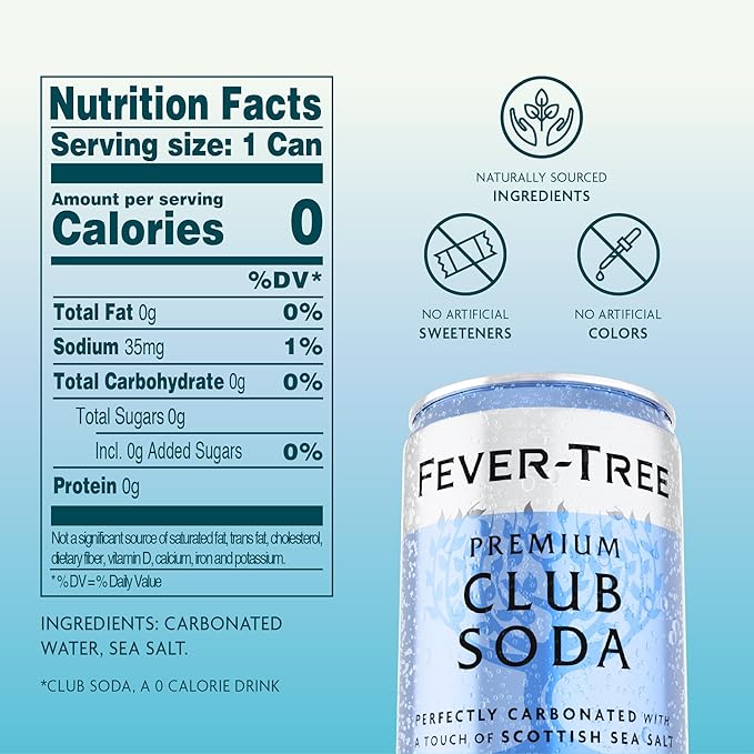 Fever-Tree Club Soda - Premium Quality Mixer - Refreshing Beverage for Cocktails & Mocktails. Naturally Sourced Ingredients, No Artificial Sweeteners or Colors - 5.1 Fl Oz Cans - Pack of 8