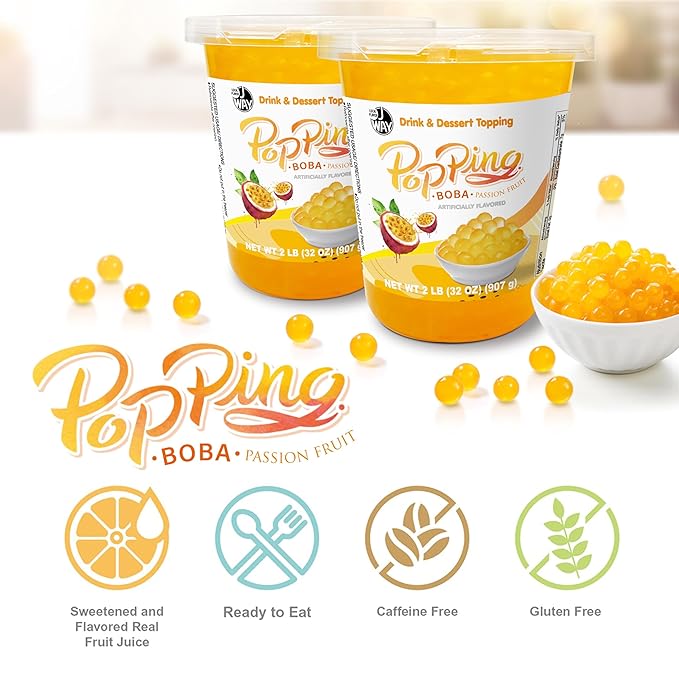 J WAY Bursting Popping Passion Fruit Boba Pearls, Passion Fruit Syrup, Non-Dairy, Fat-Free Popping Tapioca Boba for Beverages, Sweets, Ice Cream (2LB, 1 Pack)