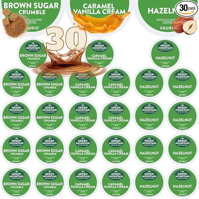 30-count K-Cup portion packs for Keurig K-Cup Brewers Variety with Green Mountain Flavors Caramel Vanilla Cream, Hazelnut, and Brown Sugar Crumble Packaged by Brightest Place