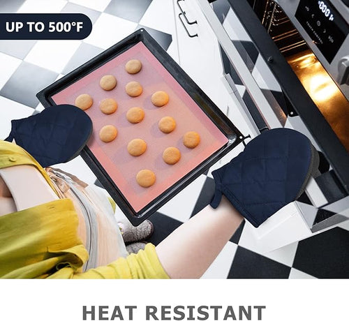 1 Pair Short Oven Mitts - Silicone Kitchen Oven Gloves High Heat Resistant 500℉, Mini Oven Mits with Non-Slip Grip Surfaces and Hanging Loop for BBQ, Baking, Cooking and Grilling (Dark Blue)