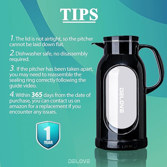 Delove 68 oz/2 Liter Glass Pitcher with Shatterproof Shell - Heat Resistant Glass Liner - Stainless Steel Lid - Carafe & Jug for Iced Tea,Hot/Cold Water,Homemade Juice Beverages (Black)