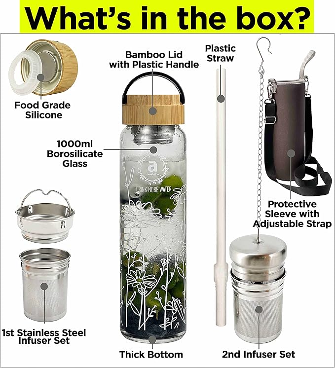 32oz Borosilicate Glass Water Bottle with Bamboo Lid and 2 Tea Infuser Sets for Fruit Infused Water and Cold Brew Coffee - Tea Strainer for Loose Leaf Tea (Flower)