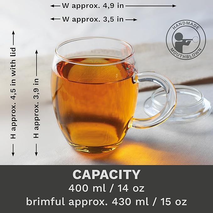 Creano Tea Glass with Infuser and Lid 400ml - Large Tea Cup - Microwave & Dishwasher Safe - Loose Leaf Tea Maker Gift Set