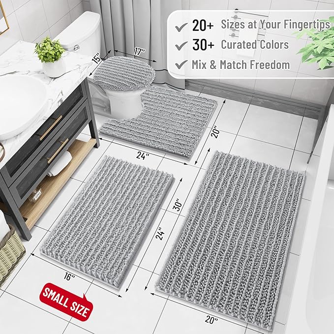 Arotive Luxury Chenille Bathroom Rug Mat, Extra Soft Thick Absorbent Shaggy Bath Rugs, Non-Slip Machine Wash Dry, Plush Bath Mats for Bathroom, Shower and Tub, 45x27, Light Grey