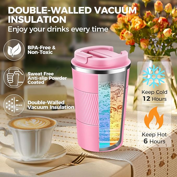 Volhoply 13 oz Stainless Steel Insulated Travel Coffee Mug with Fip Lid Bulk 2 Pack,Reusable Double Wall Vacuum Metal Coffee Cup,Portable Leak Proof Thermal Tumbler for Hot & Cold Drinks(Pink,2)
