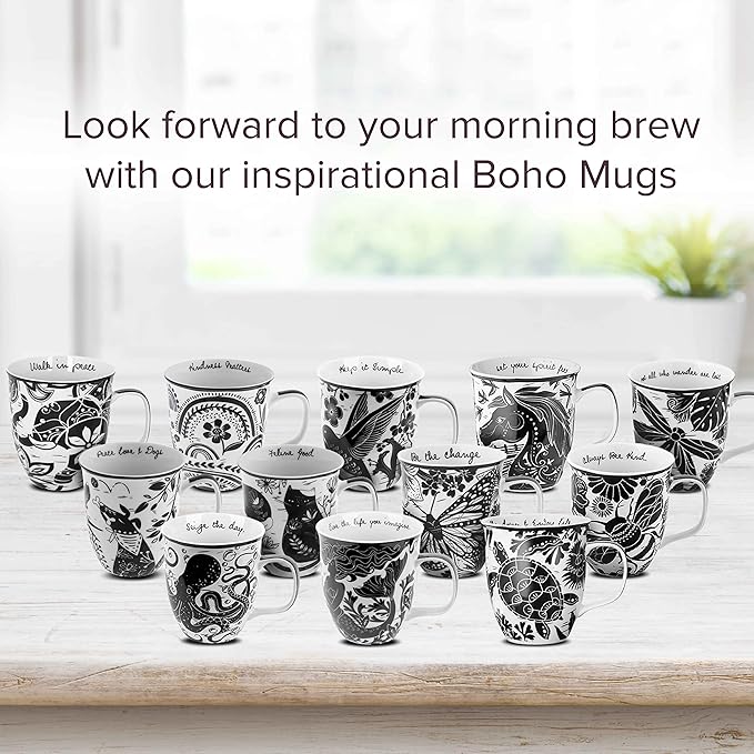 Karma Gifts 16 oz Black and White Boho Mug Rooster - Cute Coffee and Tea Mug - Ceramic Coffee Mugs for Women and Men