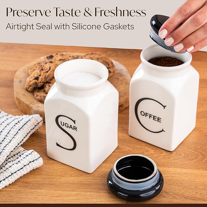 Ceramic Canister Set of 3 – Small Kitchen Canisters for Sugar, Coffee & Tea – Airtight Food Containers with Lids – Coffee Canister, Sugar Container, Tea Set