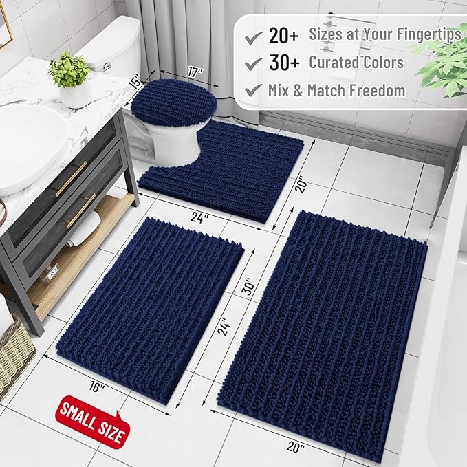 Arotive Luxury Chenille Bathroom Rug Mat, Extra Soft Thick Absorbent Shaggy Bath Rugs, Non-Slip Machine Wash Dry, Plush Bath Mats for Bathroom, Shower and Tub, 44x32, Navy