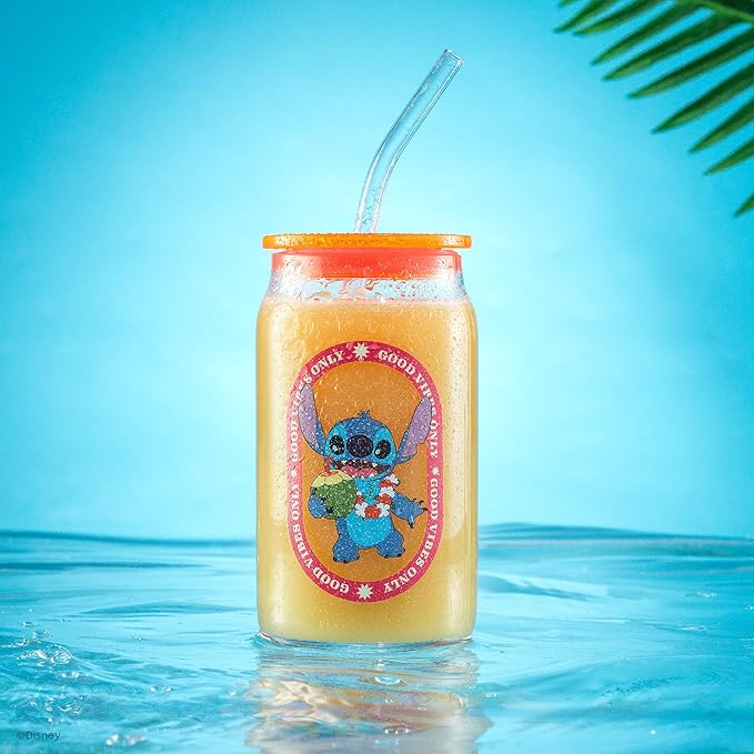 JoyJolt Disney Stitch Island Vibes Glass Tumblers with Lids and Straws, 16oz Glass Cups with Lids and Straws, Can Shaped Drinking Glasses Set of 4, Stitch Stuff, Disney Gifts for Adults