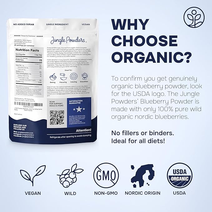 Wild Blueberry Powder Organic 5 Ounce Bag USDA Certified & 3rd Party Lab Tested - Antioxidant Rich Smoothies Freeze Dried Blueberries Organic Blueberry Extract for Baking From Whole Dried Blueberries