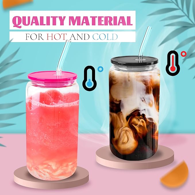 Joyclub 8pcs Glass Cups with Acrylic Lids and Straws 16 oz Can Shaped Glass Iced Coffee Cups with Lids and Straws, Cute Tumbler Cup Drinking Glasses for Smoothie Whiskey Boba Soda Tea Gift