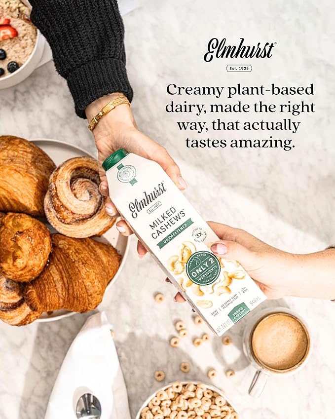 Elmhurst 1925 Cashew Milk Unsweetened - 32 Ounce (Pack of 6) Dairy-Free, Gluten-Free, Vegan, Kosher, Shelf Stable Milk Made with Water & Cashew for Healthier, Simpler Plant-Based Alternatives