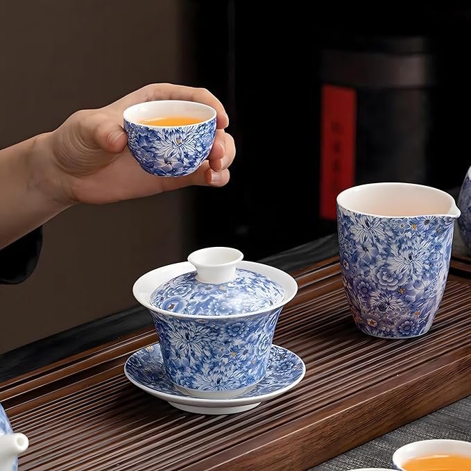 ICHAG Chinese Tea Set, Gongfu Tea Sets for Adults, Asian Gaiwan Teaset, 14-Piece Yangzhi Jade (羊脂玉茶具) with Suspended Gaiwan & Tea Pet, Portable Travel Teaset for Home, Outdoor, Office Gifts