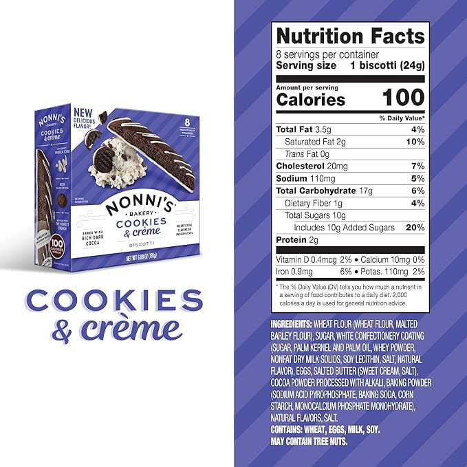 Nonni's Cookies & Crème Biscotti, Rich Dark Cocoa Cookie with Vanilla Icing, 8 Individually Wrapped Bakery Snacks, 6.88 oz