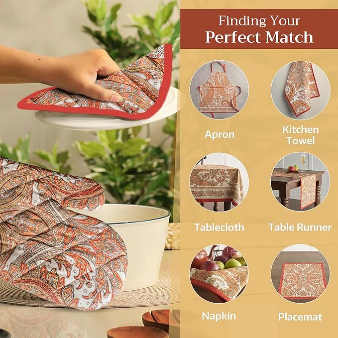 Maison d' Hermine 100% Cotton Oven Mitt & Pot Holder Set (7.5"x13" & 8"x8") Heat Resistant BBQ Cooking Gloves with Loop, Baking, Grilling, Kitchen, Handling Hot Pans (Kashmir Paisley)