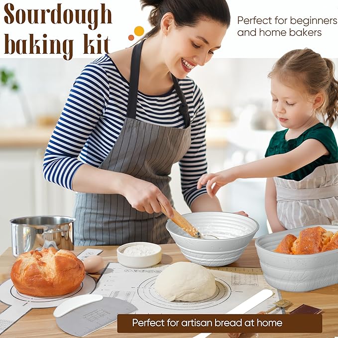 Sourdough Starter Kit with Jar – Complete Sourdough Bread Baking Supplies for Beginners, Includes 2 Silicone Proofing Baskets Baking Mat Sour Dough Kit - Gray