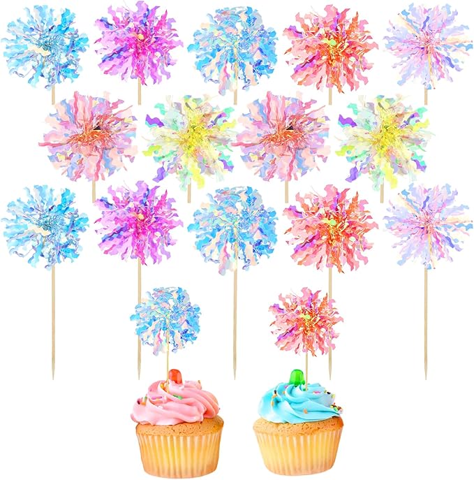 35Pcs Foil Firework Cupcake Toppers, Sparkle Tinsel Cake Toppers, Tinsel Drink Cake Decoration, Cocktail Food Fruit Toothpick for Cake Decoration Party Supplies