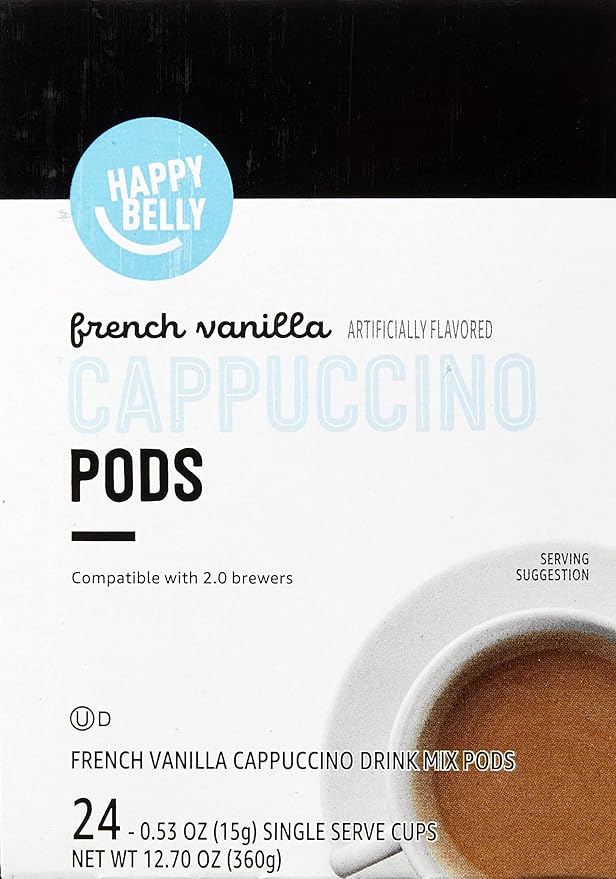 Amazon Brand - Happy Belly Cappuccino Coffee Pods Light Roast Compatible with 2.0 K-Cup Brewers, French Vanilla Flavored, 24 Count, 1.5 pound (Pack of 2)
