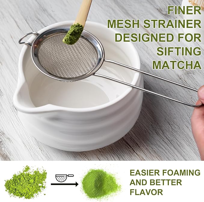 Matcha Whisk Set with Storage Box – 8 Pcs Matcha Tea Set Includes White Matcha Bowl, Whisk & Holder, Scoop & Rest, Sifter, Tea Cloth – Complete Japanese Matcha Set for Tea Lovers & Gift Giving