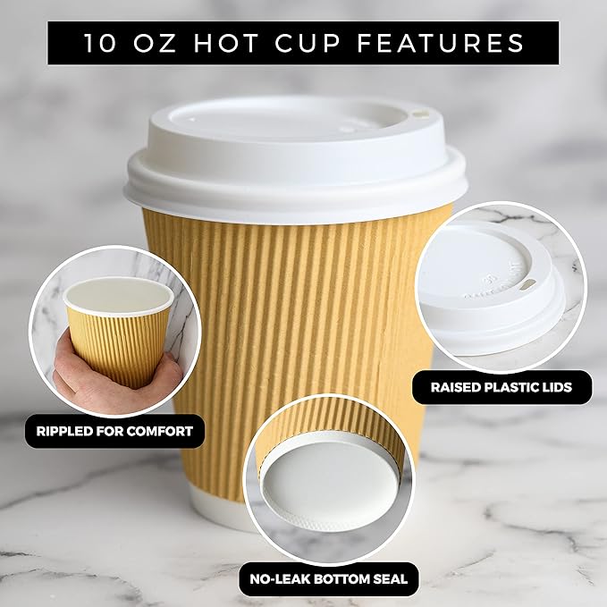 NYHI 100 10 oz Ripple Kraft Paper Cups Brown Hot Cold 3 Layer Rippled Small Insulated Disposable Coffee Cups for Cappuccino Hot Cocoa or Iced Drinks