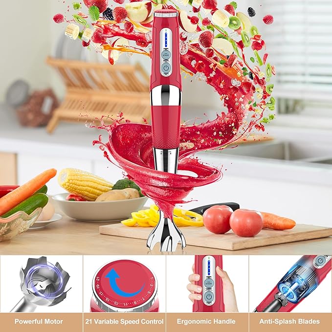 Cordless Immersion Blender Handheld: Powerful Rechargeable Electric Hand Blender, 21-Speed & 3-Angle Adjustable with Stainless Steel Blades for Milkshakes, Smoothies, Soup, Puree, Baby Food (Red)