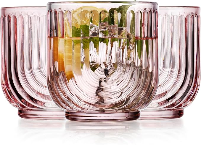 Glaver's Double Old Fashioned Rock Glasses, Set of 4 Blush Pink Whiskey Glasses, 11 oz Art Deco U-Shape Design Embossed Everyday Home Bar Glassware.