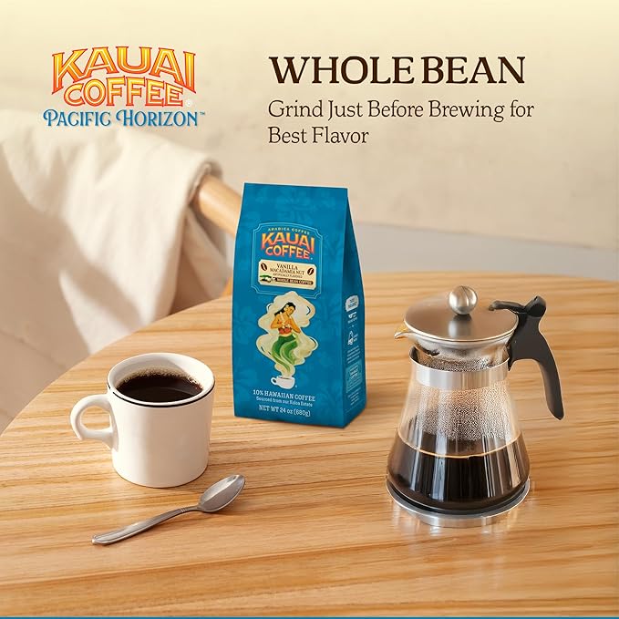 Kauai Coffee Whole Bean Coffee – Smooth, Non-Bitter Medium Roast Pure Arabica – Sweet Aroma, Hint of Nuttiness – Grown on Hawaii's Largest Coffee Farm – Vanilla Macadamia Nut, 1 Pack of 24oz