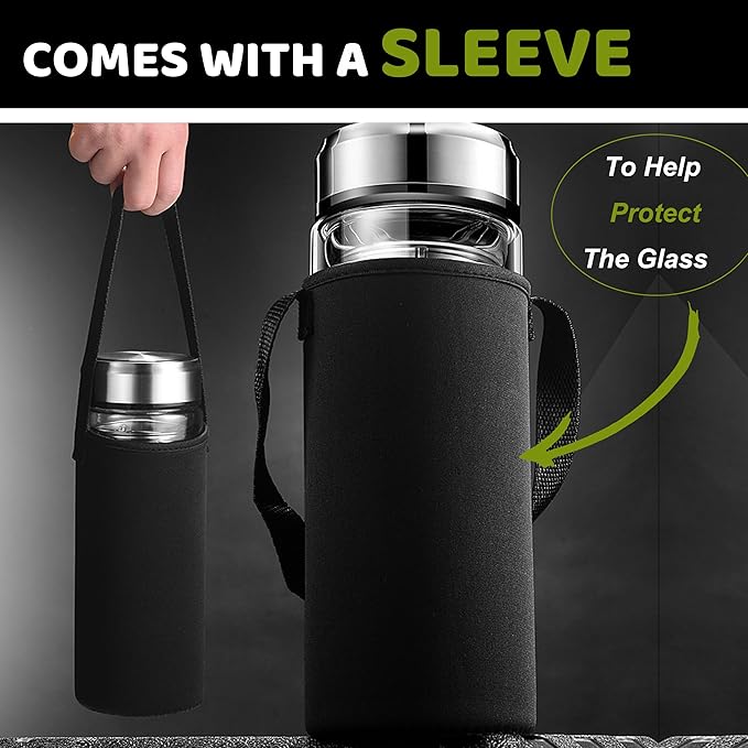 Tea Tumbler with Infuser, 34oz Tea Bottle with 2 in1 Infuser, Large Double Wall Borosilicate Glass Tea Bottle 100% Leak-Proof with Stainless Steel Filter